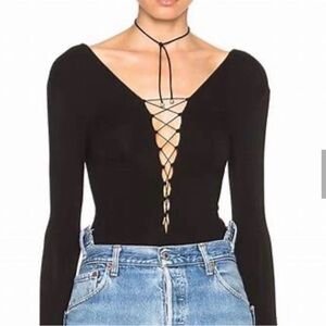 Alexander Wang Black Long-Sleeve Lace-Up V-Neck Bodysuit